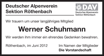 Traueranzeige von Werner Schuhmann von Pegnitz-Zeitung